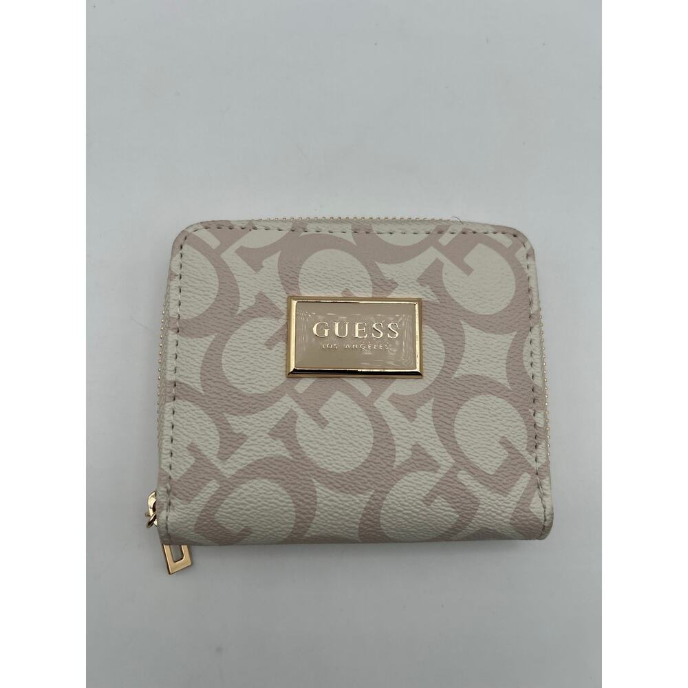 GUESS Cream Monogram Zip Around Wallet Logo Plate Compact Bifold Beige Blush